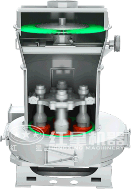 上方轉(zhuǎn)盤上旋轉(zhuǎn)的葉片可通過控制旋轉(zhuǎn)速度來調(diào)節(jié)出粉細(xì)度